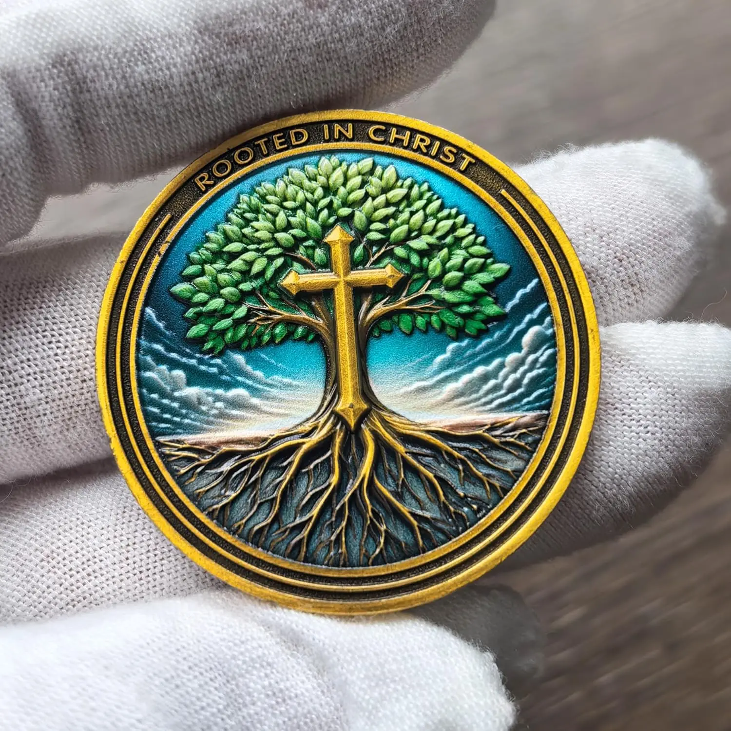 عملة تحدي كريستيان - 1.57 بوصة من سبائك الزنك جذور في المسيح، تصميم الصليب والشجرة، هدية ملهمة للإيمان والتشجيع