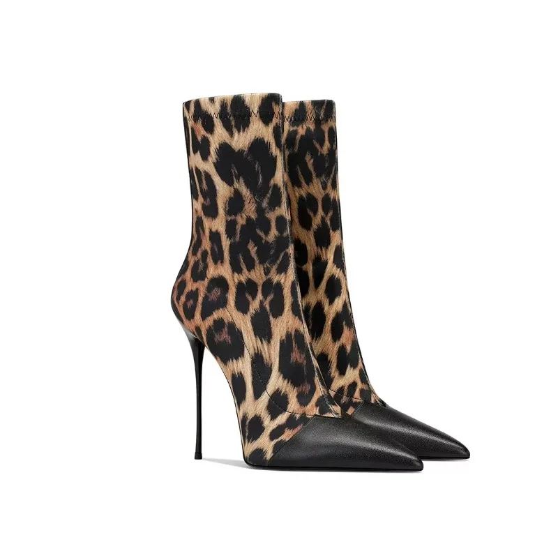 

Autumn and Winter Sheepskin New Women's High Heels Brown Leopard Print Pointed Fashion Boots