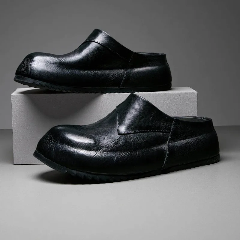 Designer Luxury Genuine Leather Slip on Slippers Men's Loafers Work Walking Casual Leather Shoes Male Outdoor Flats Mules view 2