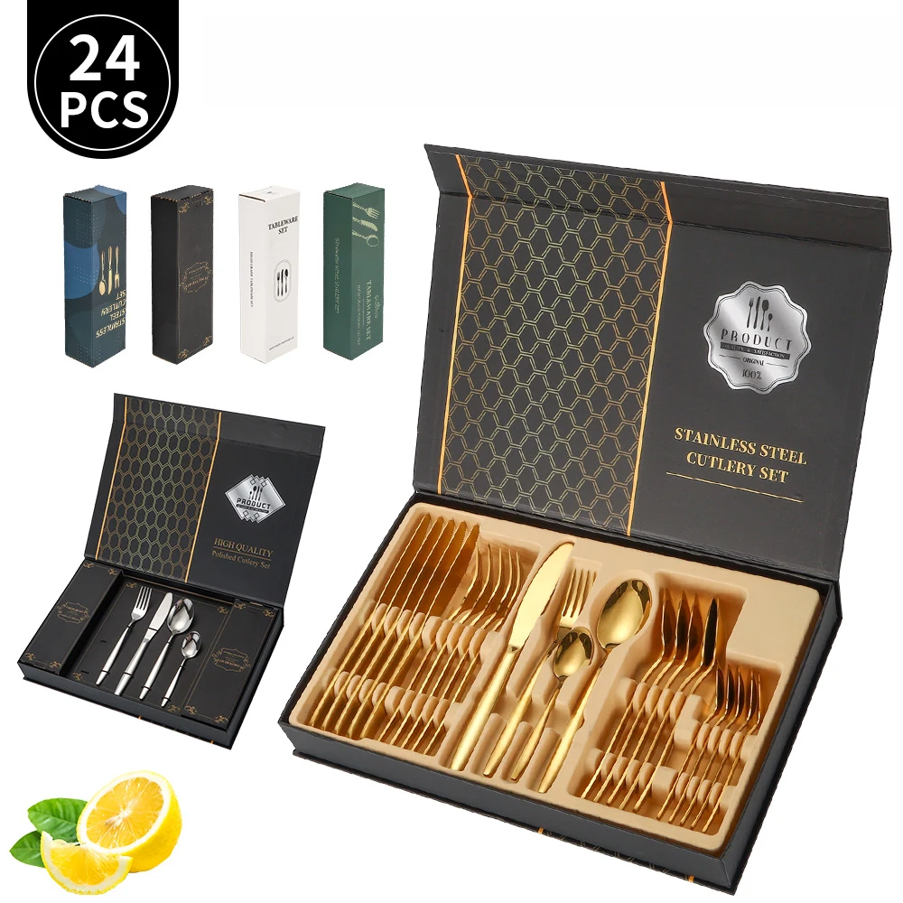 A Style 24-Piece Gold Cutlery Set Stainless Steel Cutlery Gift box Set - Mirror Polished Luxury Western Steak Knife And Spoon