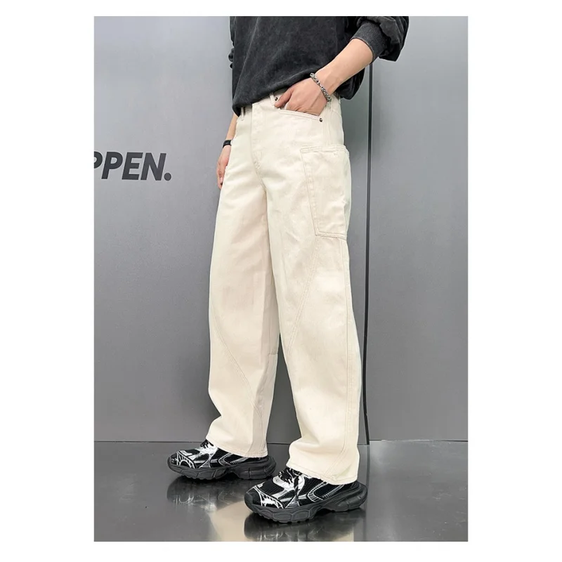 

Washed Jeans Men's American Workwear Multi-Pocket Trendy Japanese StyleinsLoose Street Straight Wide Leg Mop Trousers