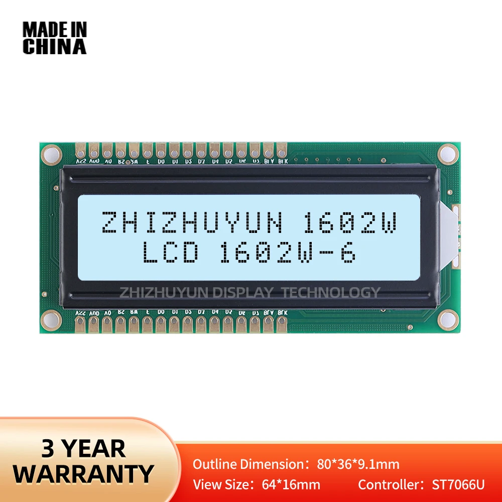 Lcd1602W-6 Character Screen Monochrome Gray Film Black Text Multiple Word Libraries LCD Module Controller ST7066U