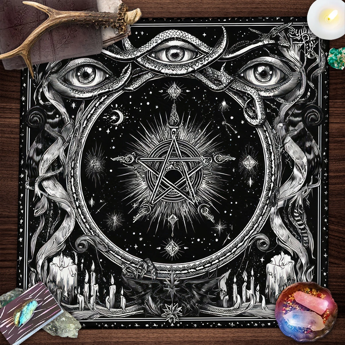 Pentagram & Universe Tarot Card Tablecloth Polyester All-seeing Eye Snakes Candle Altar Cloth Pagan Divination Witch Home Decor
