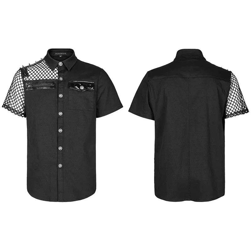 PUNK RAVE Men\'s Punk Simple Profile Asymmetric Stitching Black Shirt Ghost Shaped Buttons Summer Casual Blouses Shirts for Men