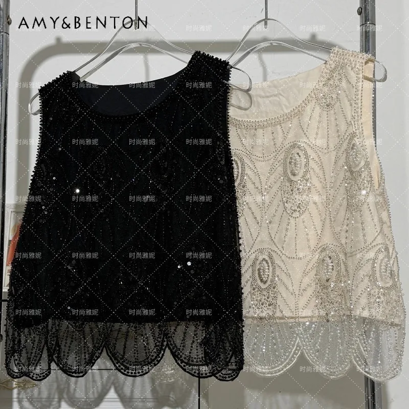 

Luxury Heavy Beaded Pearl Lace Camisole Women's Y2k Sleeveless Glitter Sequin Design Fairy Style Performance Fashion Vest Tops