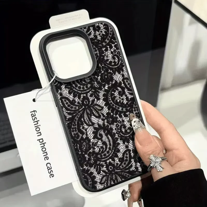 Schwarze Spitzenmuster-Handyhülle für iPhone 17 Air 16 E 15 14 13 12 11 Pro Max Plus Mini SE 2020 2022 Softcover