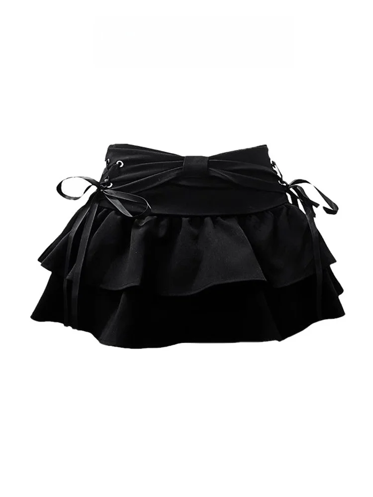 Y2K Spicy Girl Black Bow-Tied Pleated Skirt Women's Autumn Lace Trim High Waist A-Line Design Half-length Skirt Pants