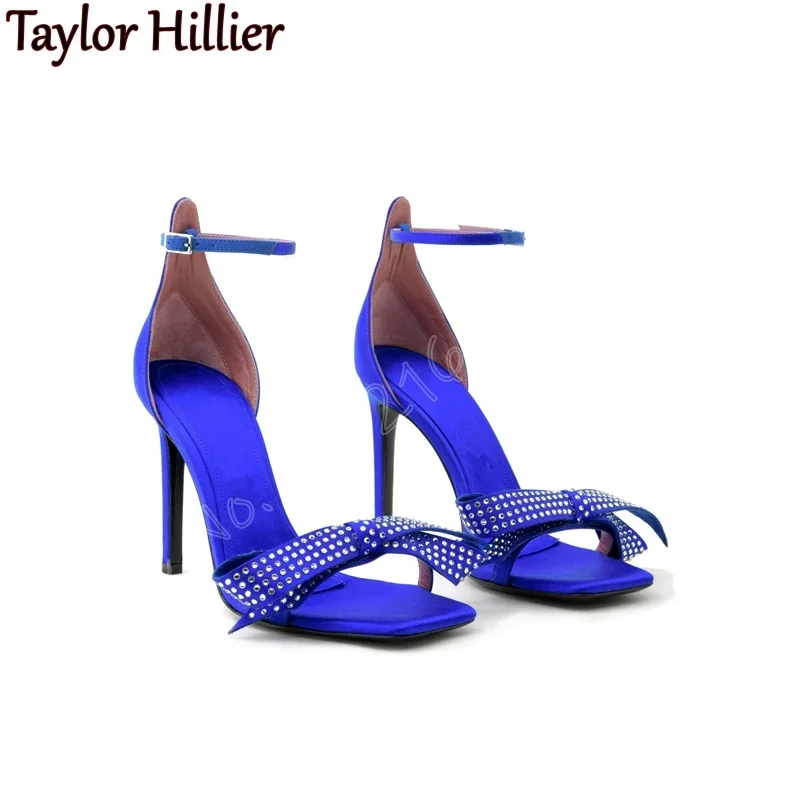 

Bowknot Rhinestone Square Toe High Heels Open Toe Stiletto Buckle Strap Satin Sandals Elegant Prom Dress Evening Sandals Women