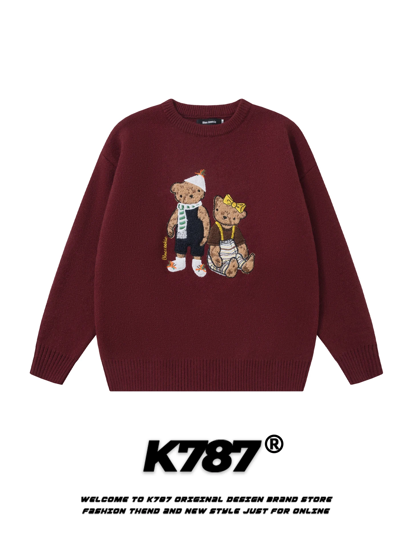 

K787 American Casual Cartoon Bear Embroidery round Ne Sweater Men Women Loose Lazy Sle Red Knitted irt Winter Warmth