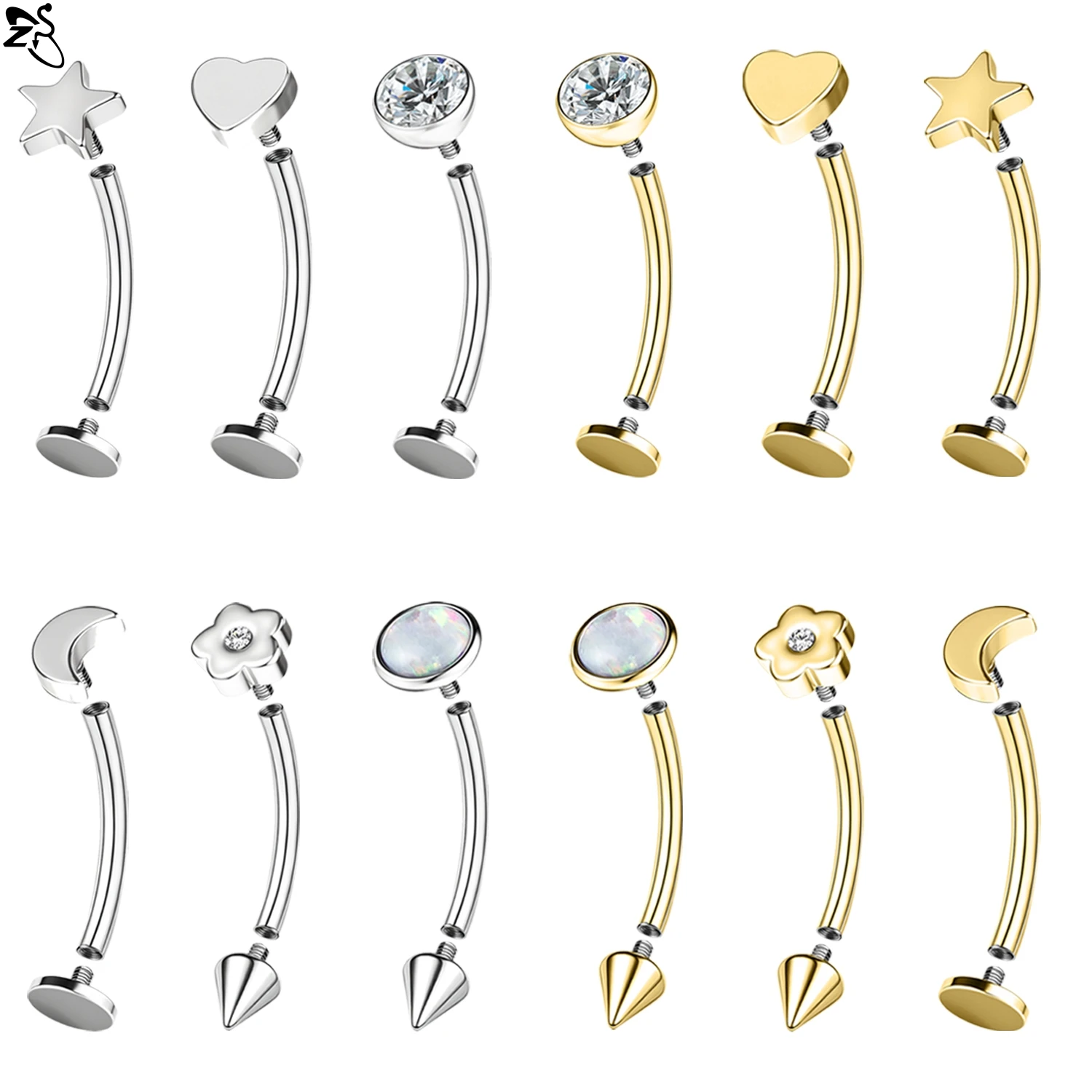 

ZS 1 PC 16G Stainless Steel With Opal Eyebrow Stud 8/10MM Eyebrows Piercing Moon Heart Flower Shape Labret Lip Piercings Jewelry