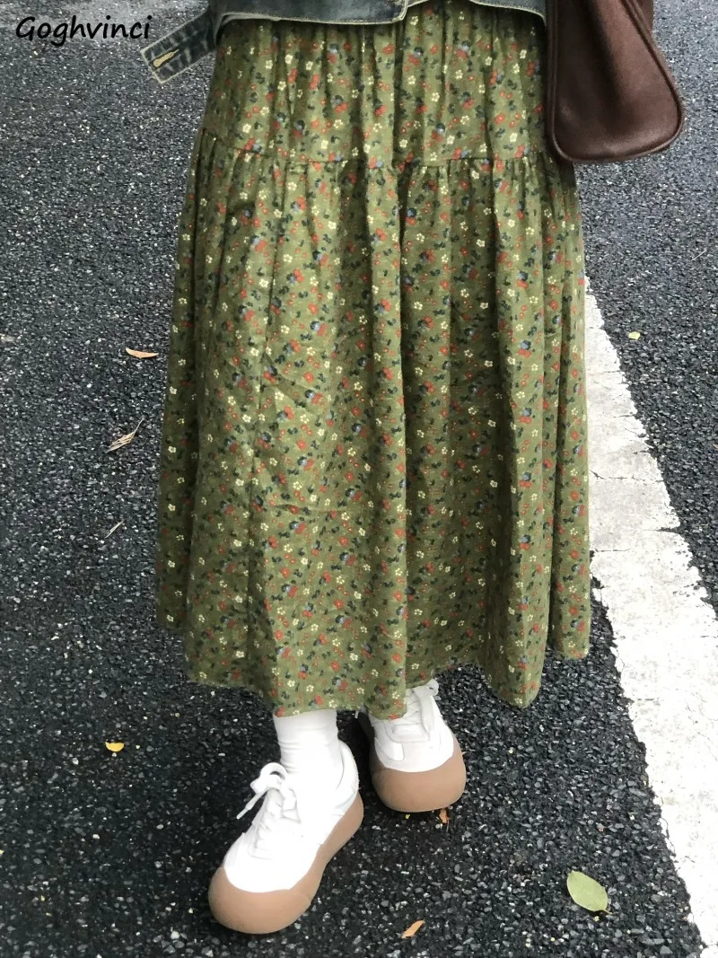 Midi Skirts Women High Waist Floral All-match Students Young Classic Vintage Faddish Slouchy Temperament Autumn Popular Ulzzang