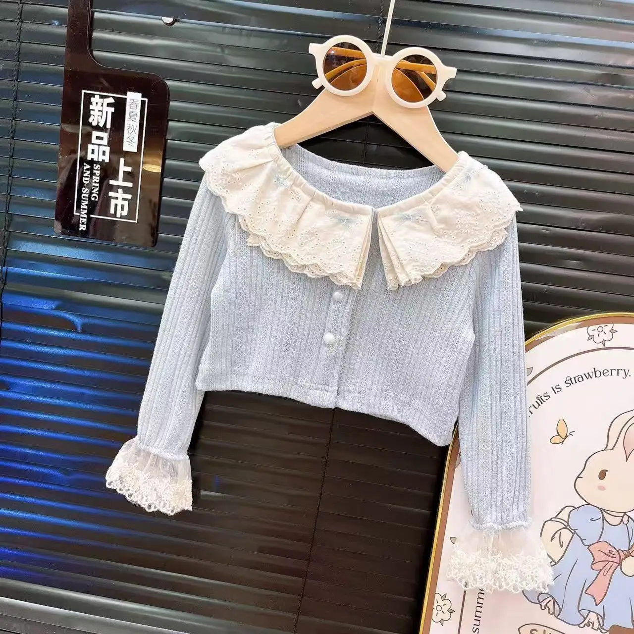 

2026 Spring Girls 2 Piece Set, Blue Lace Ruffle Knit Cardigan & White Long Maxi Skirt Outfit for 100-150cm