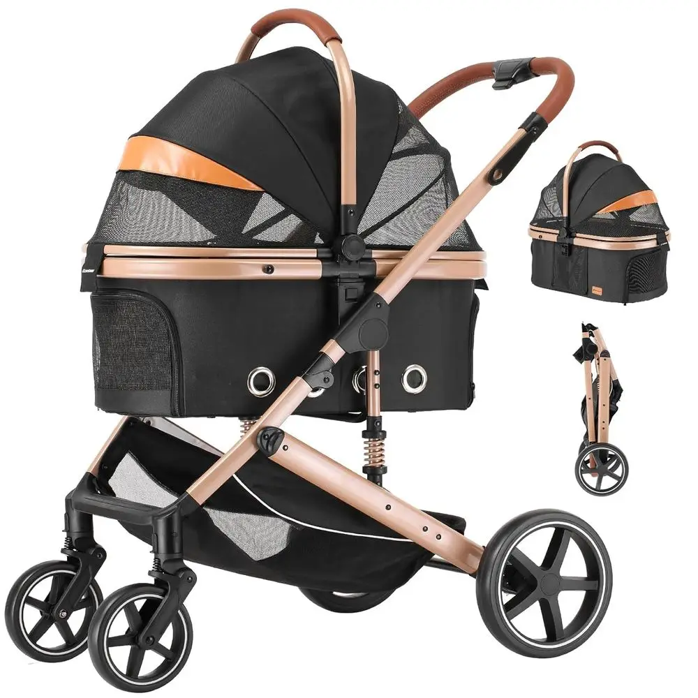 

4 in 1 Pet Stroller, Folding Lightweight Cat & Dog Stroller with Detachable Carrier, NO-Zip 180° Reversible Canopy, All Terrain