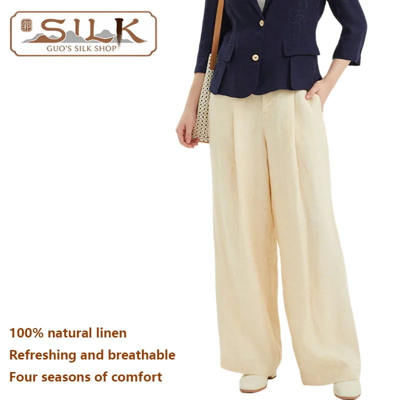 

Натуральные льняные женские брюки - элегантные и повседневные свободные брюки с широкими штанинами для больших размеров, удобная одежда