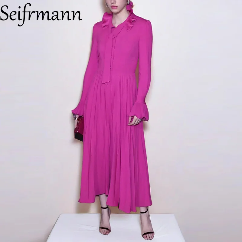 

Seifrmann Solid Color Flare Sleeved Loose Maxi Dress Pleated Splicing Vintage Elegant Lace-Up Bow Big Swing Long Dresses