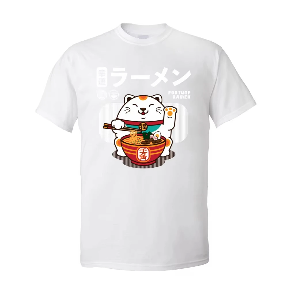 Fortune Ramen 100% Cotton Men Short Sleeve T Shirt Normal Summer/Autumn T-Shirt Sweatshirts Cute Cat Noodle Tshirt