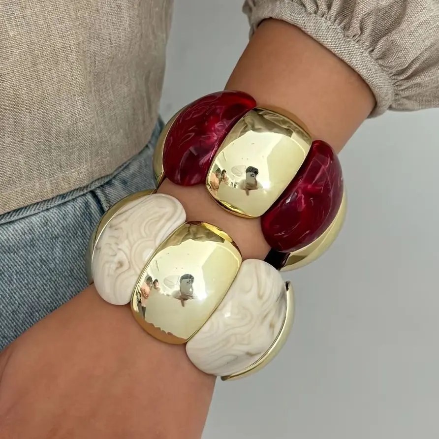 SHIXIN 4 Stile Boho Bunte Dicke Acryl Armbänder Frauen Retro Unregelmäßige Harz Breites Armband Stapelbare Elastische Armreif Geschenke