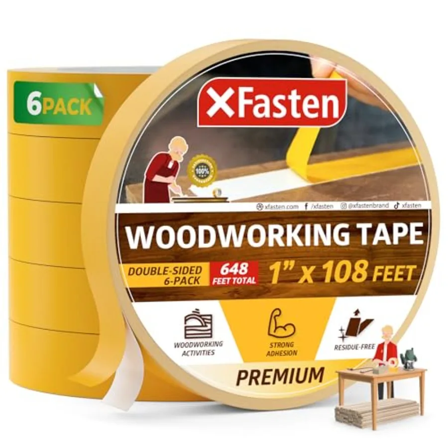 

Double Sided Woodworking Tape 1 Inch x 108 ft 6-Pack 648 ft Total Residue-Free Heavy Duty Wood-Safe Double Sided Tape for Route