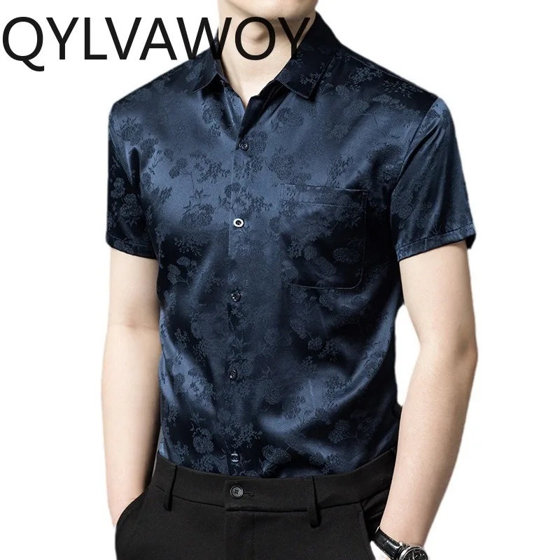 QYLVAWOY 100% Natural Mulberry Silk Men's Shirts Summer Tops Shirts for Men Short Sleeve Shirts Clothes for Man Business Casual