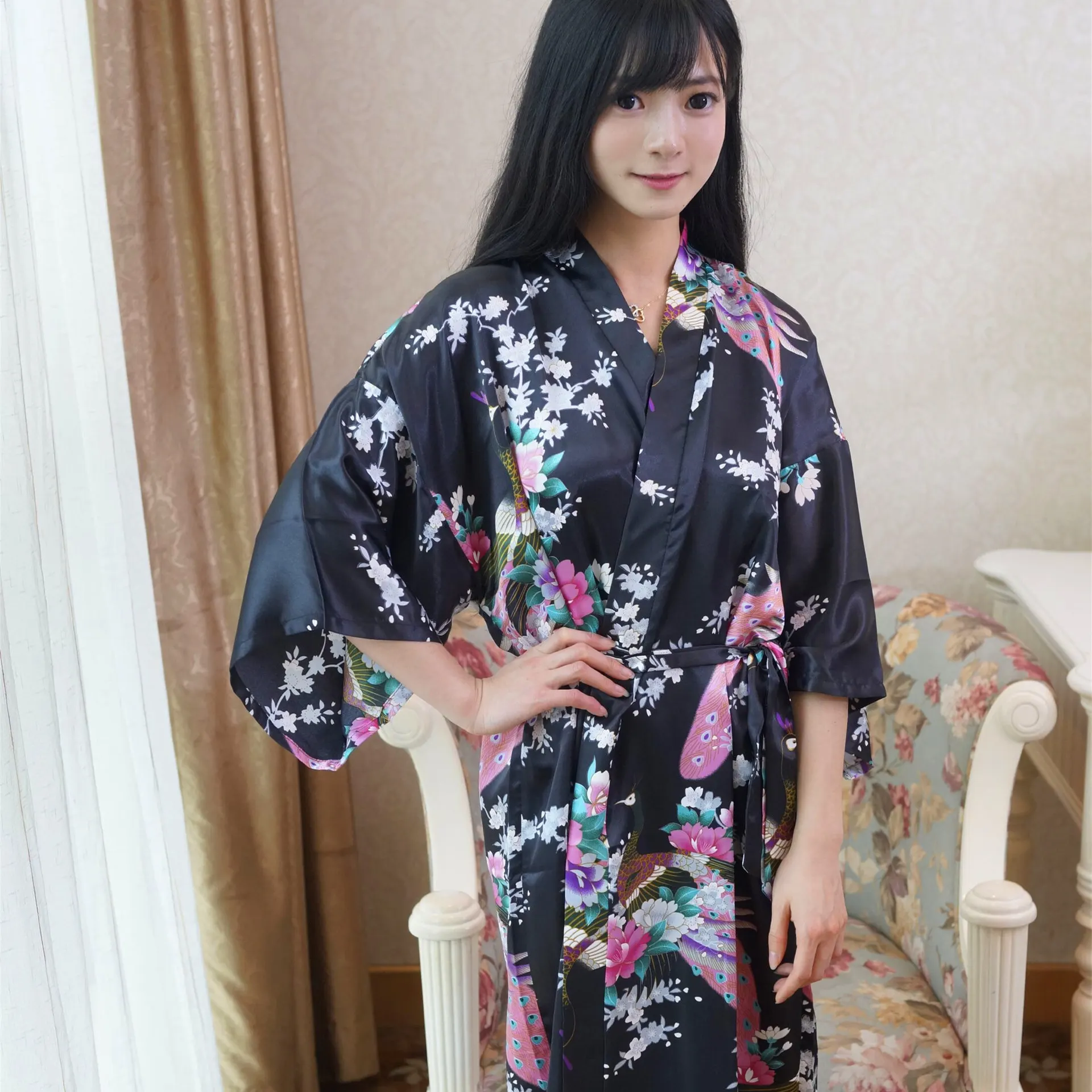 2024 Ladies Sleepwear Yukata Kimono Short Dress Nightgown Silk Satin Wedding Bride Japanese Traditional Peacock Bridesmaid Robe