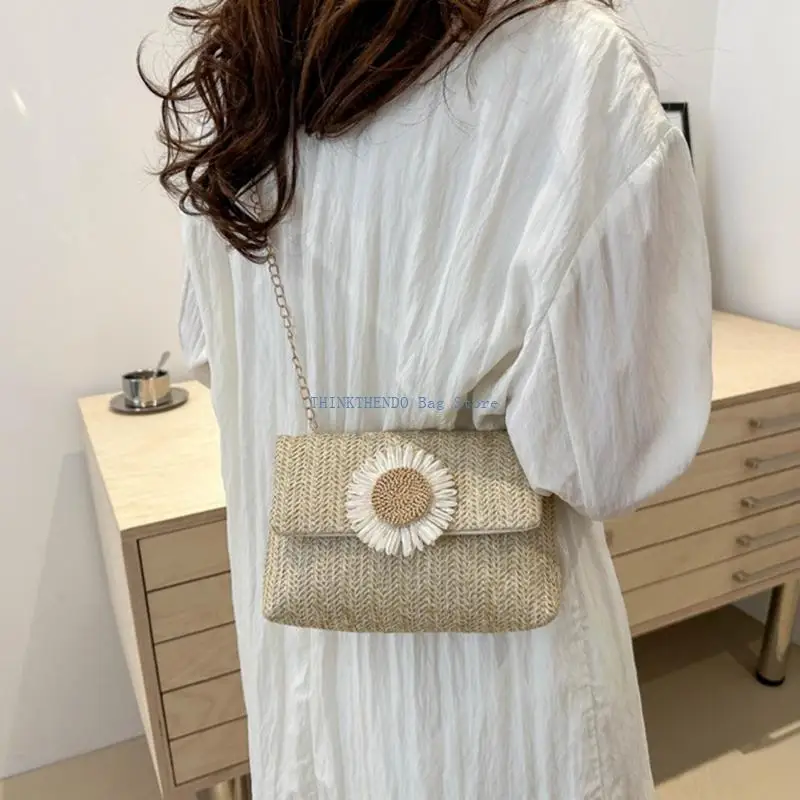 

340D Japanese Styles Shoulder Bag for Women Girls Chain Strap Crossbody Bag Flower Handbag All-Matching Straw Bag