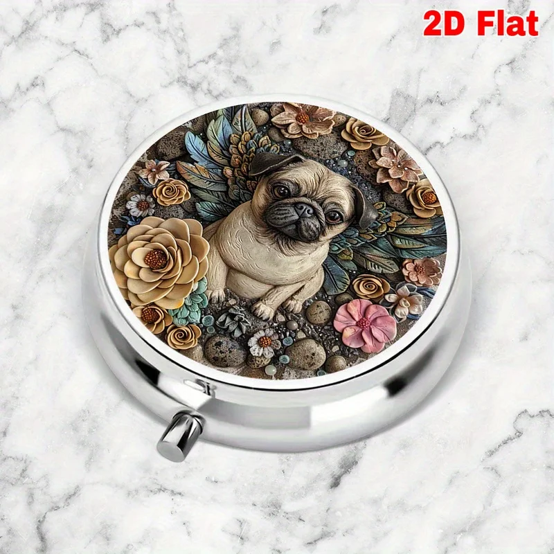 1pc portable round three-compartment metal pill box with Pug winged design, suitable for travel, medical storage, home, and office use