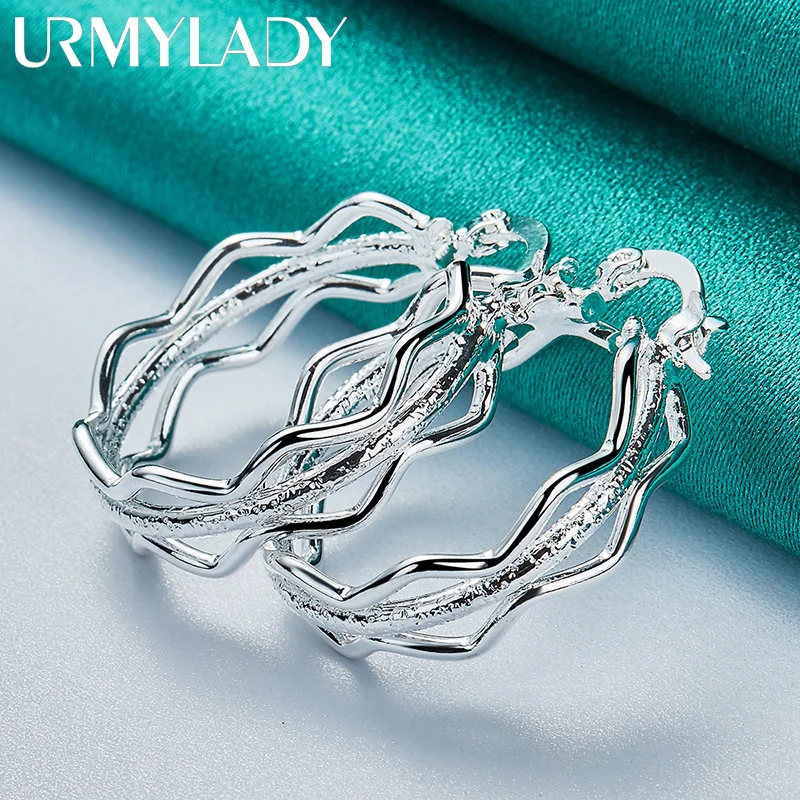 URMYLADY 925 Sterling Silver Smooth Frosted Wave Earrings Ear Loops dla kobiet Urok Biżuteria zaręczynowa ślubna
