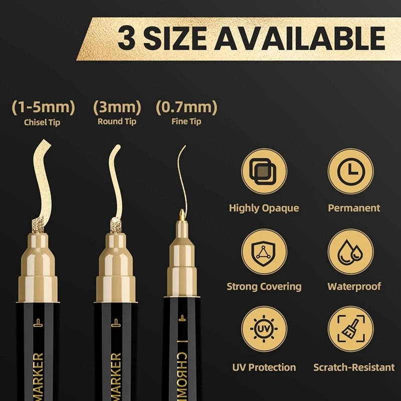 3 Pack Dual Tip Liquid Gold Chrome Markers, Permanent Shiny Gold Marker Pen For Most Surfaces, Golden Metallic