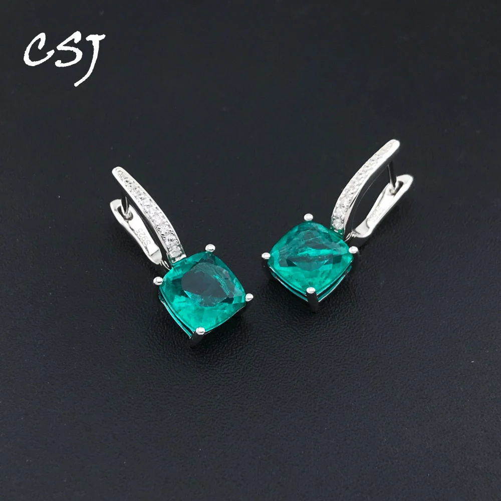 

CSJ Elegant Paraiba Tourmaline Earrings Solid 925 Sterling Silver Created Emerald Gemstone 8mm for Women Party Jewelry Gift