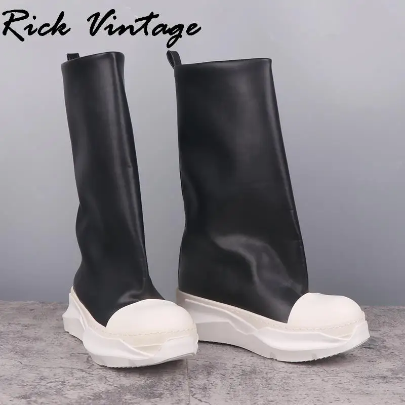 Rick Vintage Women Platform Motorcycle Boots High-TOP PU Leather Mid-Calf Sneaker Luxury Trainers Casual Autumn Flat Black Shoes