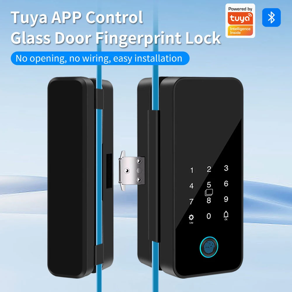 Biometric Fingerprint Glass Door Lock Support Tuya APP Smart Bluetooth Unlock Digital No-Drill Without Punching No Hole Required