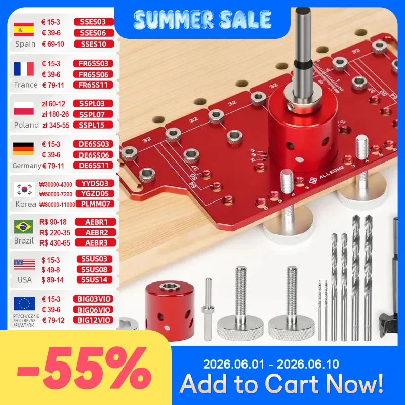

Allsome Shelf Concealed Hinge Jig , Aluminum Alloy Shelf Pin Drilling Jig with 35mm Hole Drill Bits, Cabinet Hardware Jig