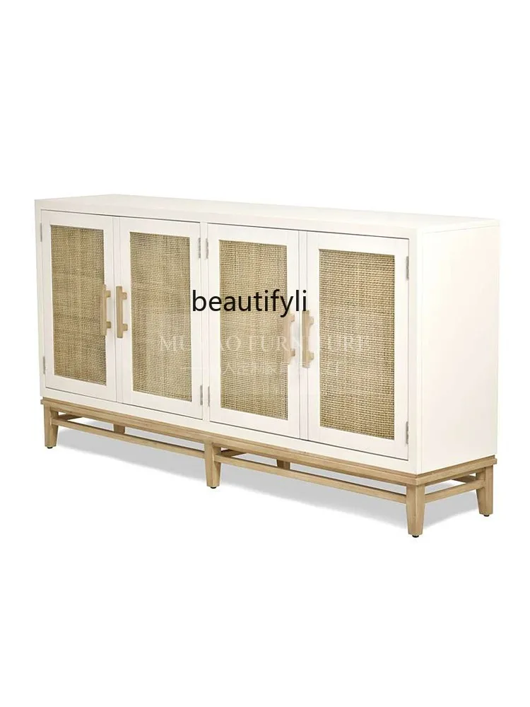 

American solid wood dining side cabinet, sofa backrest, multi-functional dining room locker, rattan tea cabinet