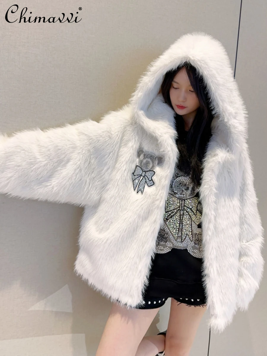 

High-End Fur Coat 2023 Winter New Women's Furry Coat Heavy Industry Rhinestone Bow Bear Cute Graceful Long Sleeve Warm Jackets