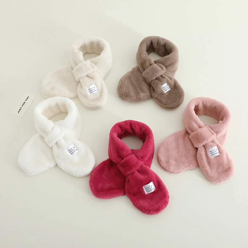 

Winter Baby Plush Scarf Fluffy Fur Warm Cross Neckerchief 3-7year Children Neck Covers Solid Color Kids Collar Short Scarves