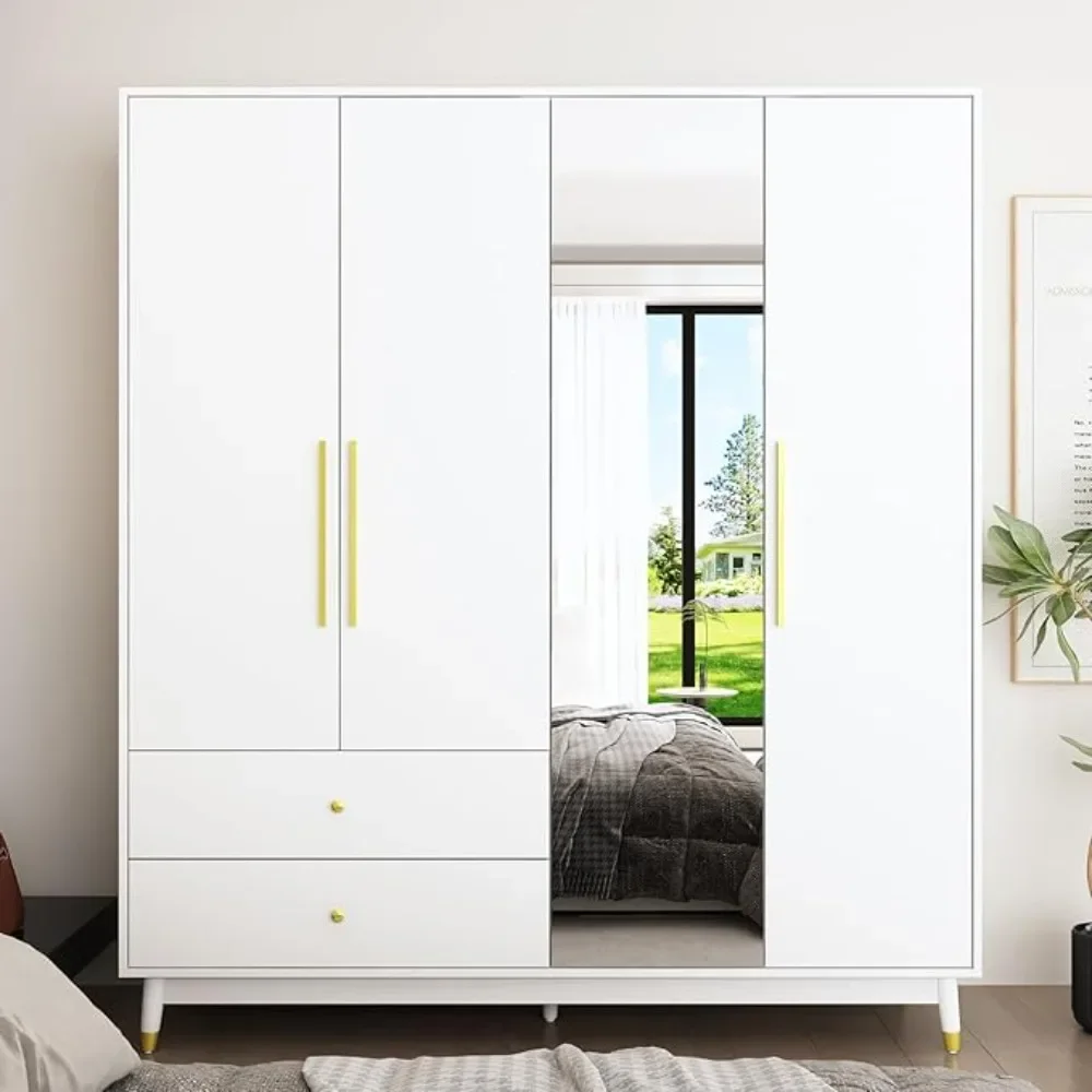 4-Door Wardrobe Closet with Mirror and 2 Drawers, Armoire Wardrobe Closet with 2 Hanging Rods, Clothes Wardrobe with Wood Legs