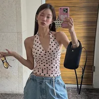 Pure Desire Polka Dot Hot Girl Halter Tank Top, Women's Summer Sexy Low-Cut Off-Shoulder Tie Slim Fit Top, Fashionable Multifunctional Style, Pleated Elegant Outfit - Image 2