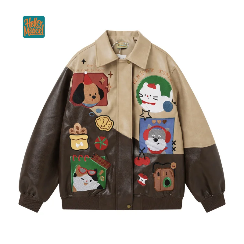 HELLOMARCEL EU US Size Luxury Quality Retro Cartoon Cat Dog Embroidered PU Leather Jacket Loose-Fitting Outerwear For Men Women