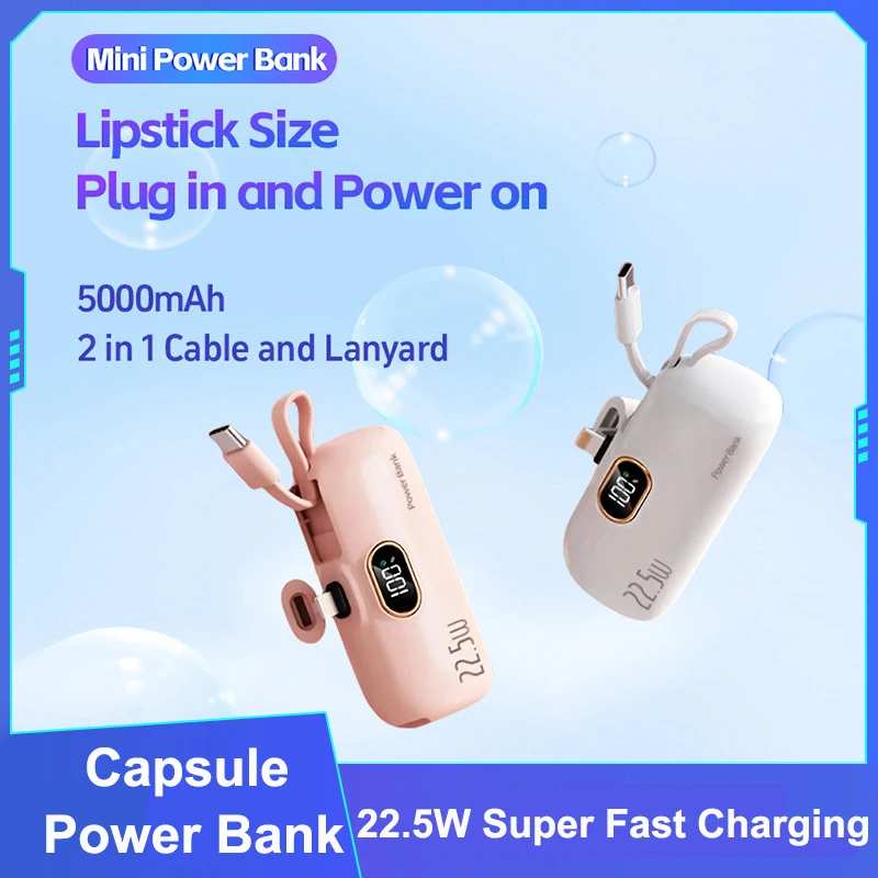 

Mini Capsule Power Bank Built in Cable Plug 22.5W Fast Charging for Apple Type C Powerbank for iPhone 16 X Samsung Huawei Xiaomi