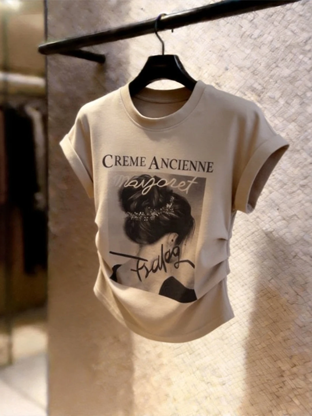 Retro American Cotton Short Sleeve T-Shirt Women's Summer plus Size Design Sense Pleated Waist Control Top Print Creative