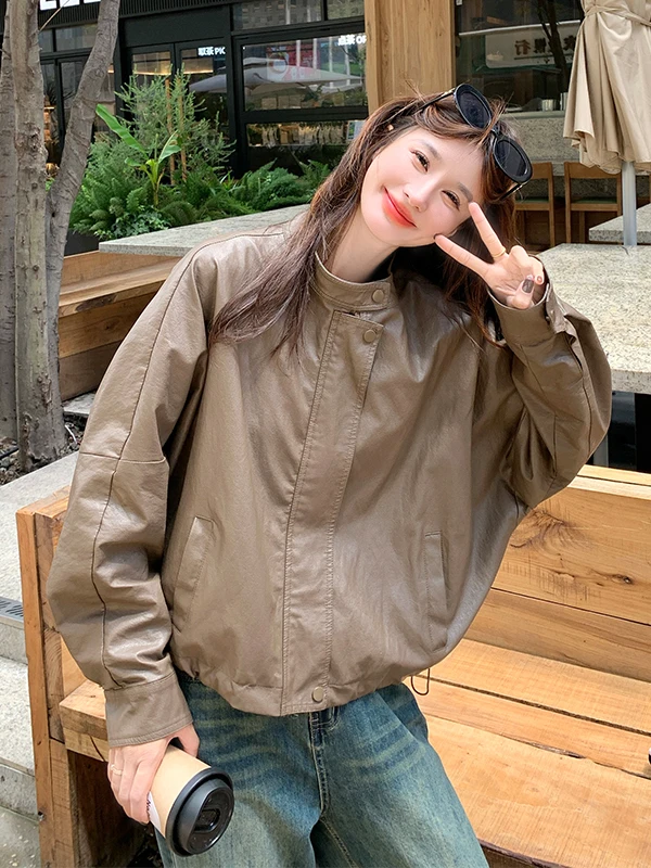 세 브라운 스탠드 칼라 PU 가죽 재킷 여성용 봄 가을 2025 신상 소형 고급스러운 느낌의 모터사이클 가죽...