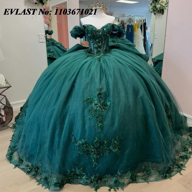 

EVLAST Изумрудно-зеленое платье Quinceanera, бальное платье с кружевной аппликацией и бисером, многоуровневое с бантом Sweet 16, Vestidos De XV 15 Anos SQ76