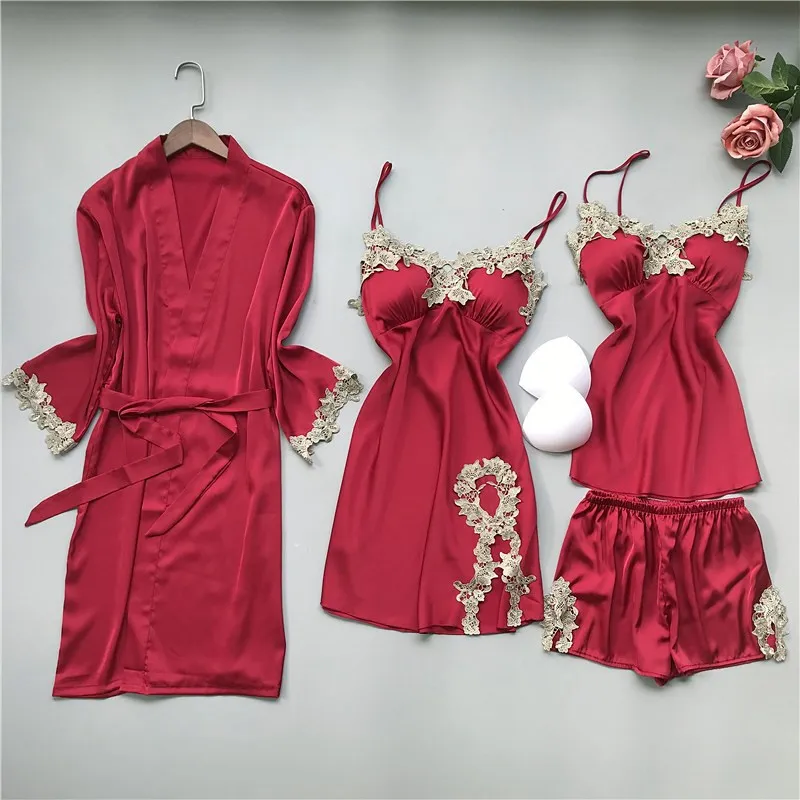 

Sexy Lace Bathrobe Strap Top&Shorts Suit New Women Four Piece Pajamas Set Sleepwear Summer Satin Pijamas Home Wear Clothing