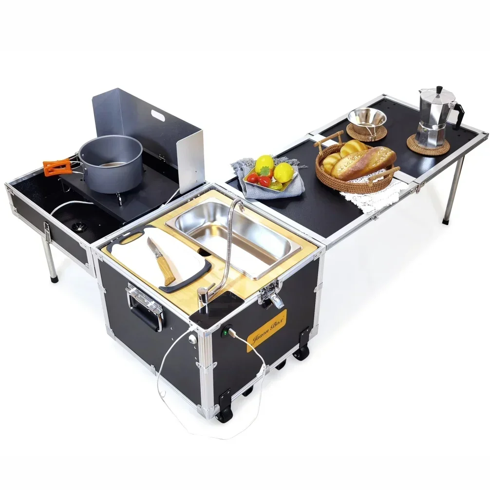

Outdoor mobile kitchen, car mounted multifunctional small kitchen box, camping picnic stove, barbecue folding table with wheels