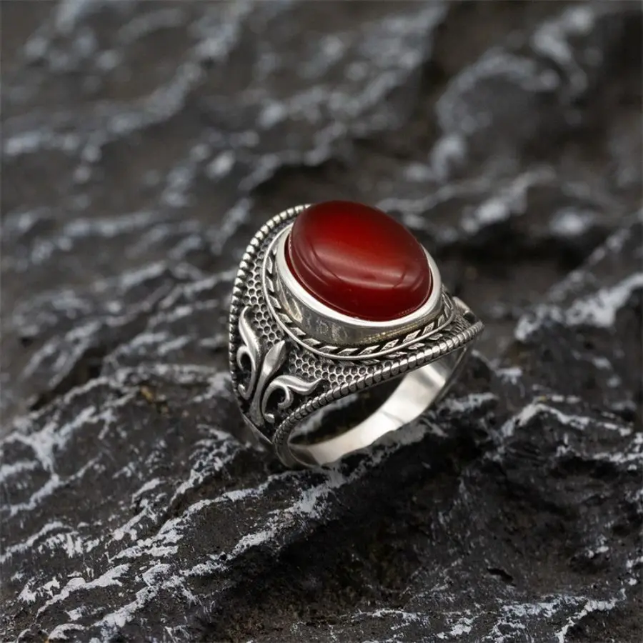 Wholesale Real 925 Sterling Silver Mens Ring Natural Red Agate Stone Jewelry Gift Silver Hand Wedding Agate Ring