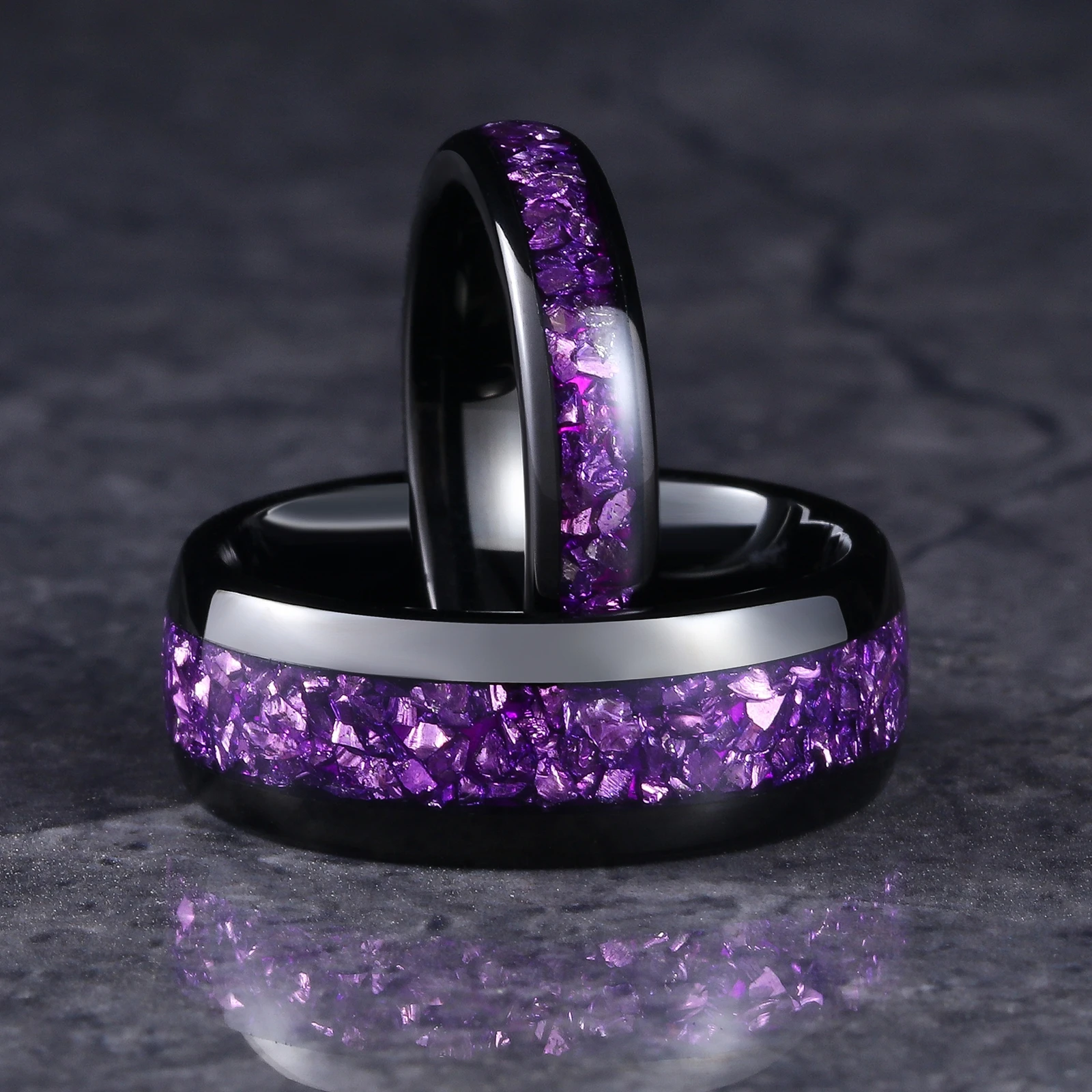 4/8mm Amethyst Black Tungsten Ring, Wedding Engagement Band Birthday Anniversary Gift For Him And Her