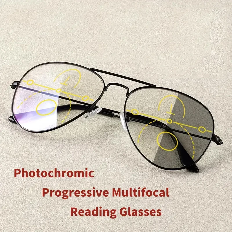 Large Frame Photochromic Multifocal Reading Glasses - Copper Alloy, Precious Metal Plated, Casual Style with Strength Lenses