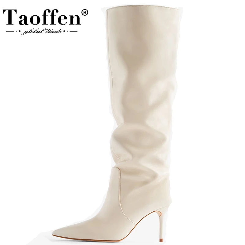 TAOFFEN 2023 Ins Women Real Leather Knee High Boots For Women Winter Shoes Sexy Party Thin Heel Boots Ladies Footwear Size 34-43