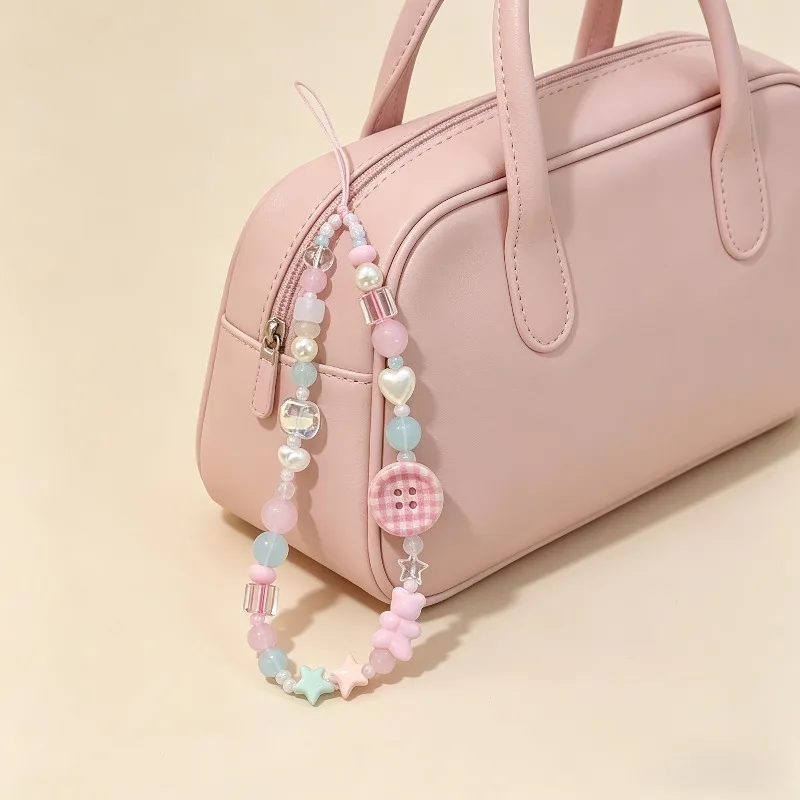 Gantungan Ponsel Korea Manis Lucu 3D Pink Berhias Kancing dan Manik-Manik, Tali Lanyard untuk iPhone Samsung Universal, Anti-Hilang, Perhiasan Tali Gantung