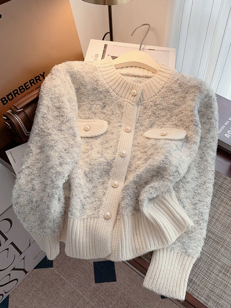 Formal Occasion Cashmere Sweater Women O-Neck Pullover Luxury Pearl Single Breasted Warm Knitwear Jumper Casual 2000s Aesthetic